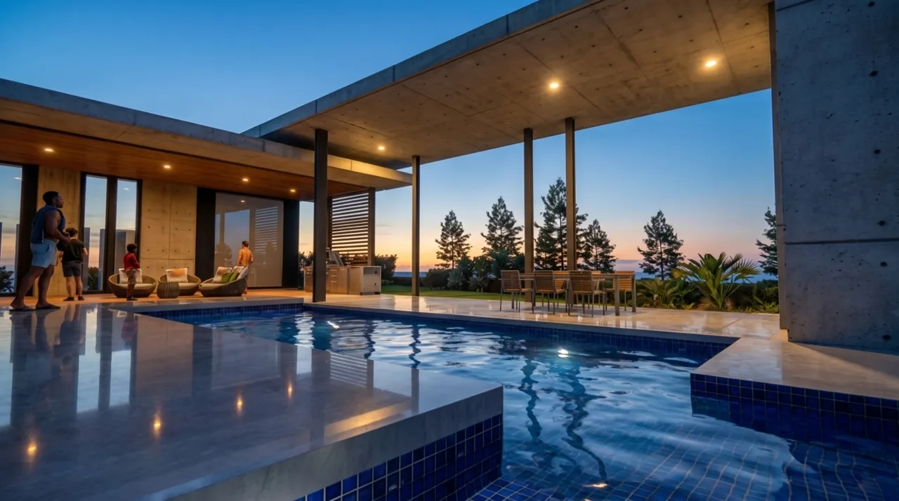 Sabanera 653, Dorado. Terraza de hormigón sobre la piscina al atardecer.